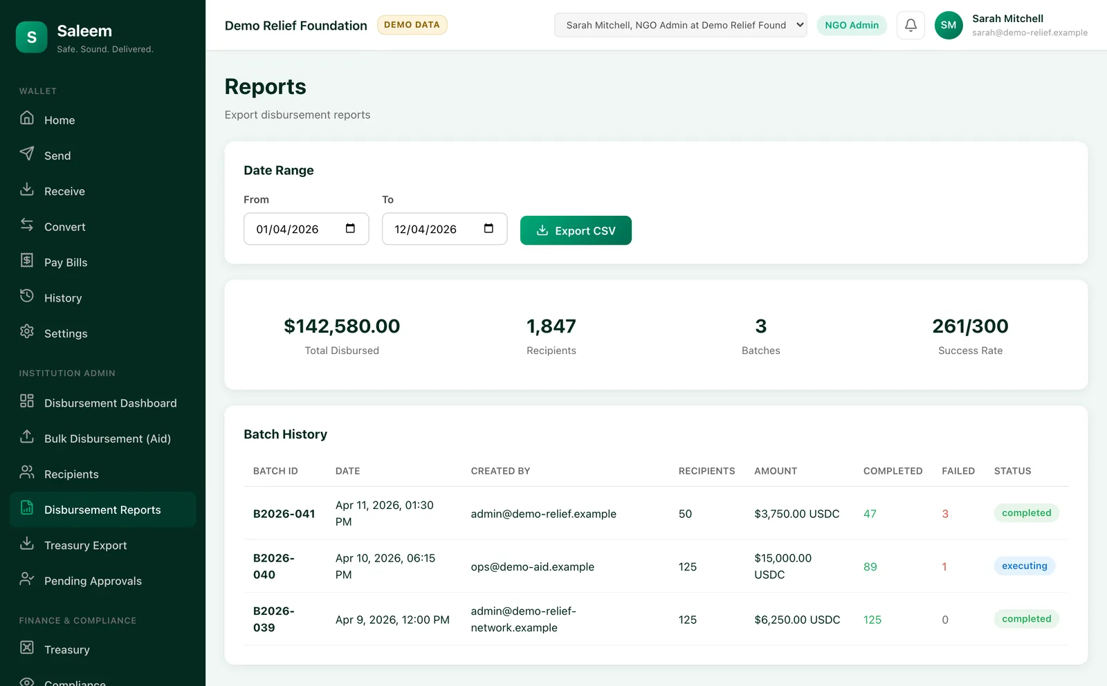 Saleem desktop console: disbursement reports with export and batch history