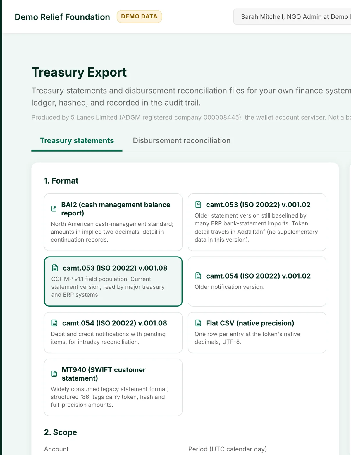 Saleem desktop console: Treasury Export format list with camt.053, camt.054, MT940, BAI2, and CSV