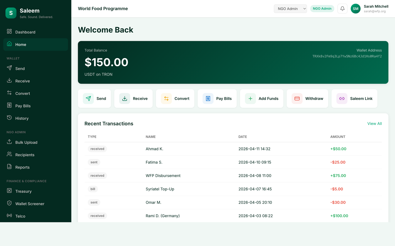 Saleem desktop operator console home screen